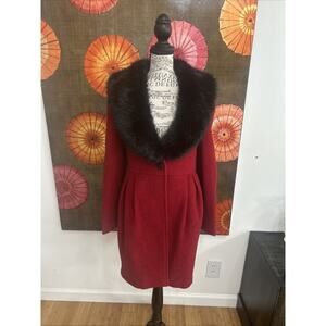 Vintage Red Wool Car Coat W/ Black Faux Fur Collar Timeless Holiday Sz XS
